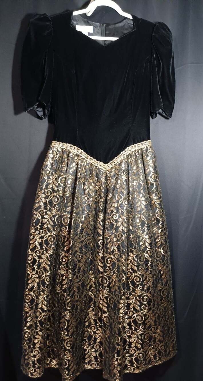 Scott McClintock 80s Black Velvet Gold Metallic Embroidered Puff Sleeve Dress 14